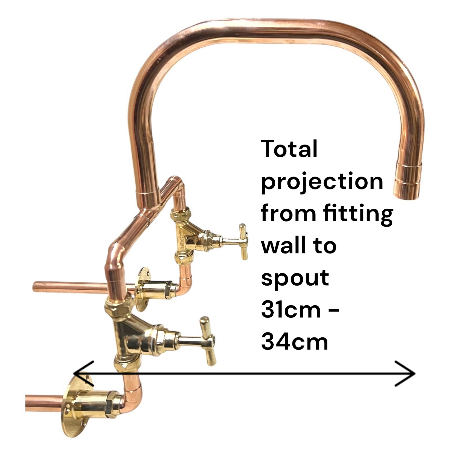 copper and brass mixer type for wall mounting showing dimensions in black against a white background 