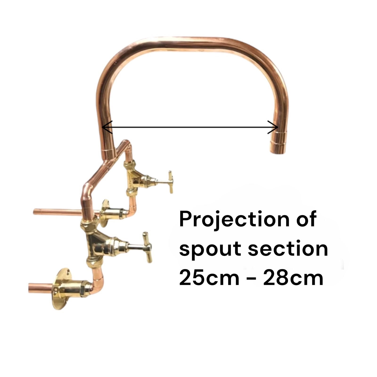 Copper kitchen faucet with measurement label on a white background