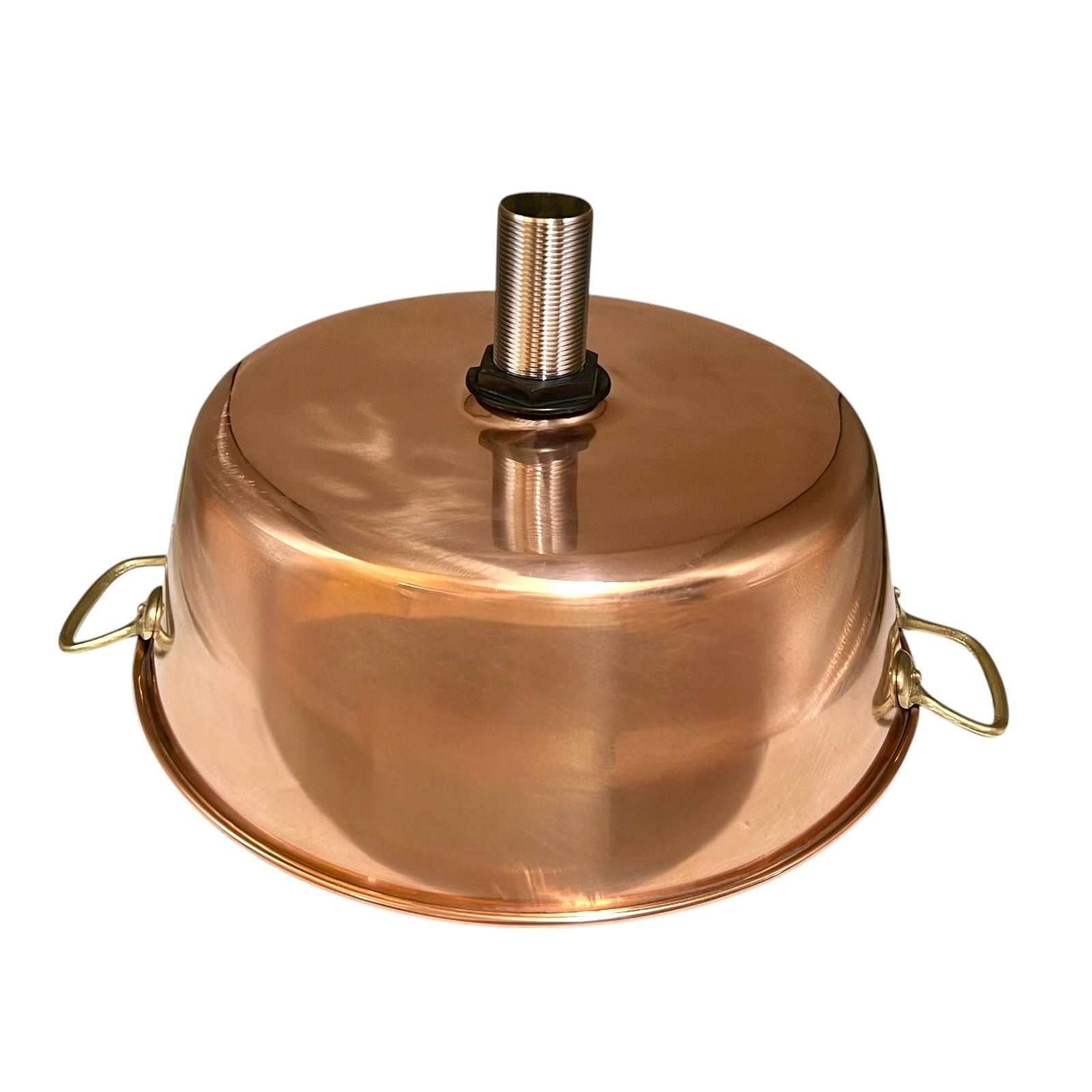 Copper pot with a metal handle on a white background