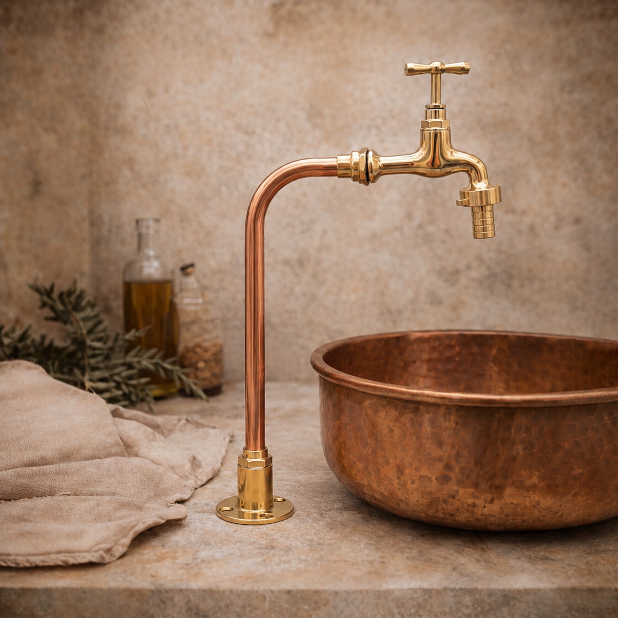 Copper sink with gold faucet on a stone surface with a neutral background