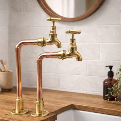 Two freestanding bathroom faucets with copper-colored vertical pipes and brass spouts, handles, and bases, mounted on a wooden countertop in a tiled bathroom setting.