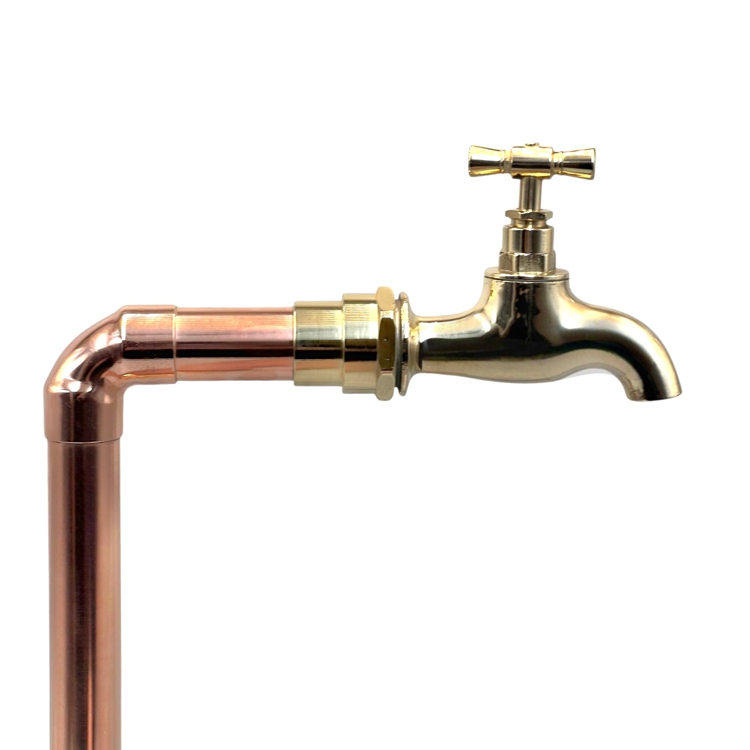 brass tap head with tall copper pipe fittings on a white background 