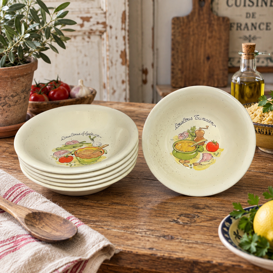 A set of ceramic serving bowls with a speckled cream-colored glaze and colorful vegetable illustrations, displayed on a rustic wooden table with kitchen props.