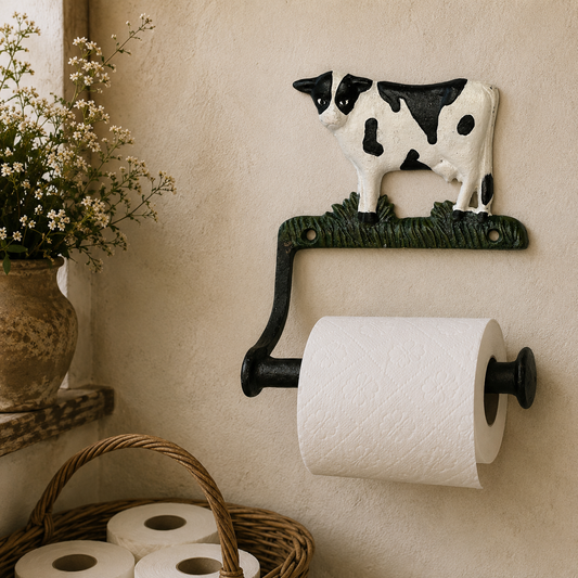 Cow-themed toilet paper holder on a wall with a basket of toilet paper rolls below.