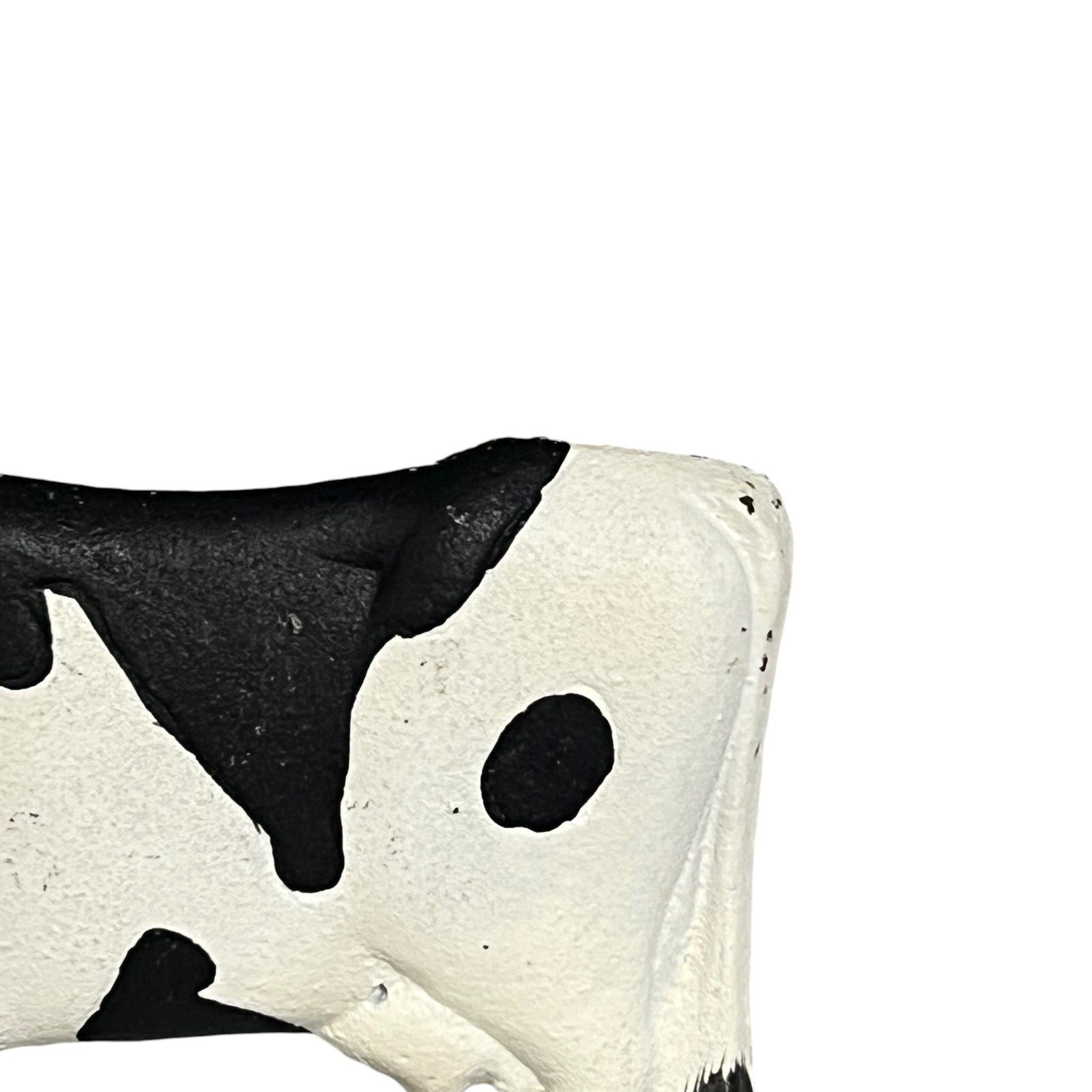 Close-up of a cow with black and white patches on a white background
