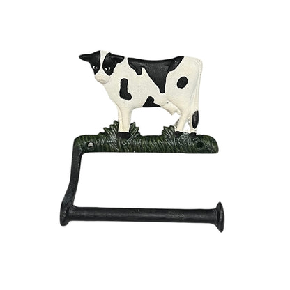 Decorative toilet paper holder with a cow design on a white background