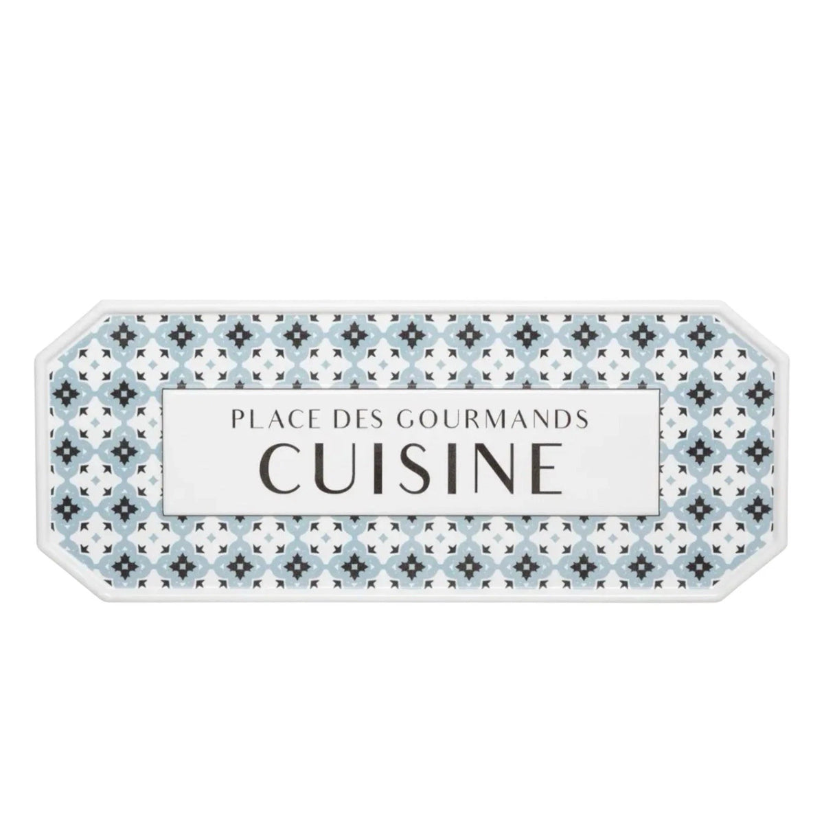 French vintage inspired metal plaque with the text cuisine and a geometric pattern on a white background