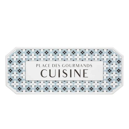 French vintage inspired metal plaque with the text cuisine and a geometric pattern on a white background