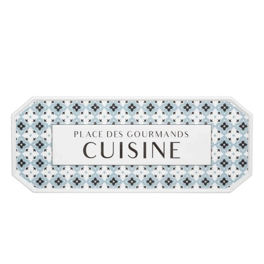 French vintage inspired metal plaque with the text cuisine and a geometric pattern on a white background