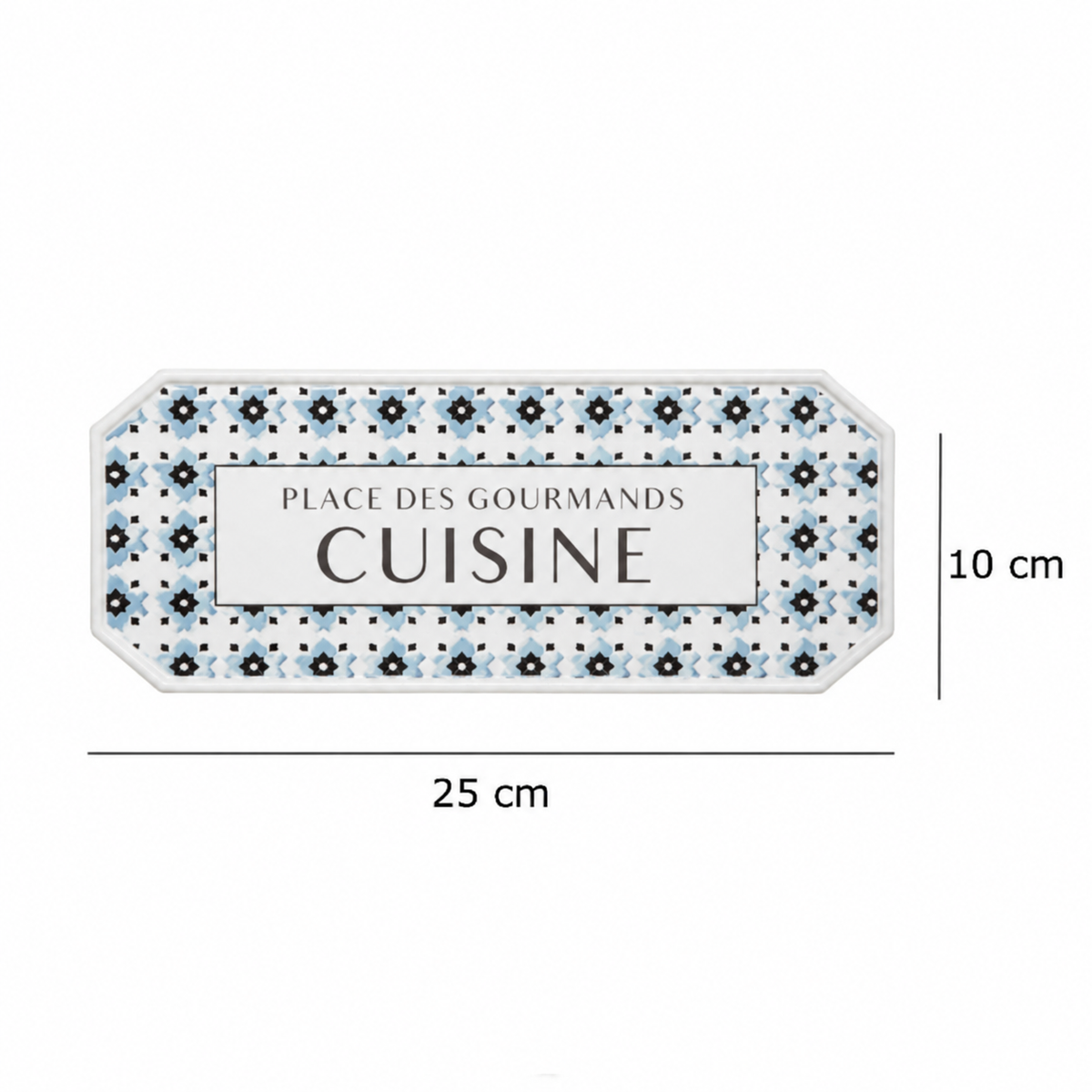 rectangular French kitchen door sign with the text Cuisine and a geometric pattern on a white background displaying dimensions