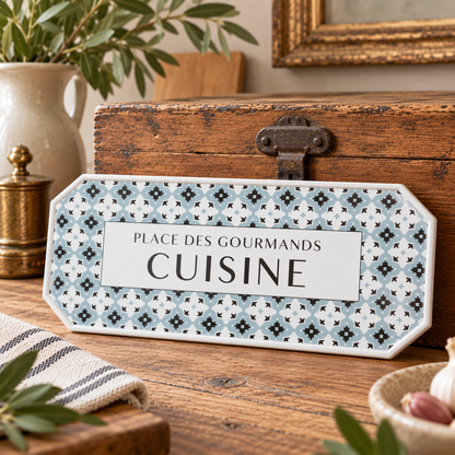 French vintage inspired metal plaque with the text cuisine and a geometric pattern propped up on a wooden box with greenery in the background