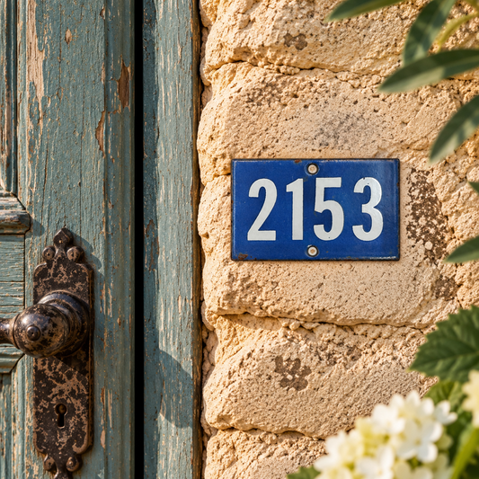 A blue rectangular house number plaque with white numerals '2153' mounted on a beige stone wall beside a weathered teal wooden door with an ornate metal handle.