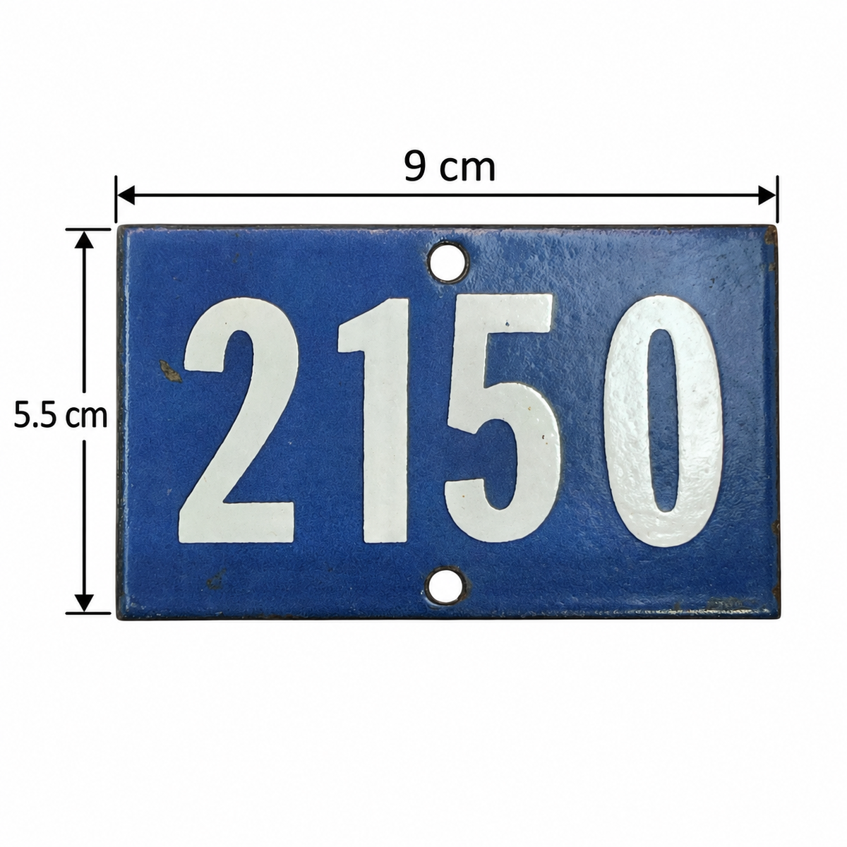 A rectangular blue house number plaque with the numbers 2150 in white, shown with dimension annotations indicating 9 cm width and 5.5 cm height.