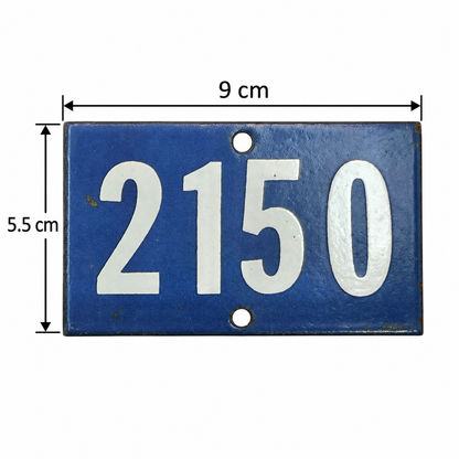 A rectangular blue house number plaque with the numbers 2150 in white, shown with dimension annotations indicating 9 cm width and 5.5 cm height.