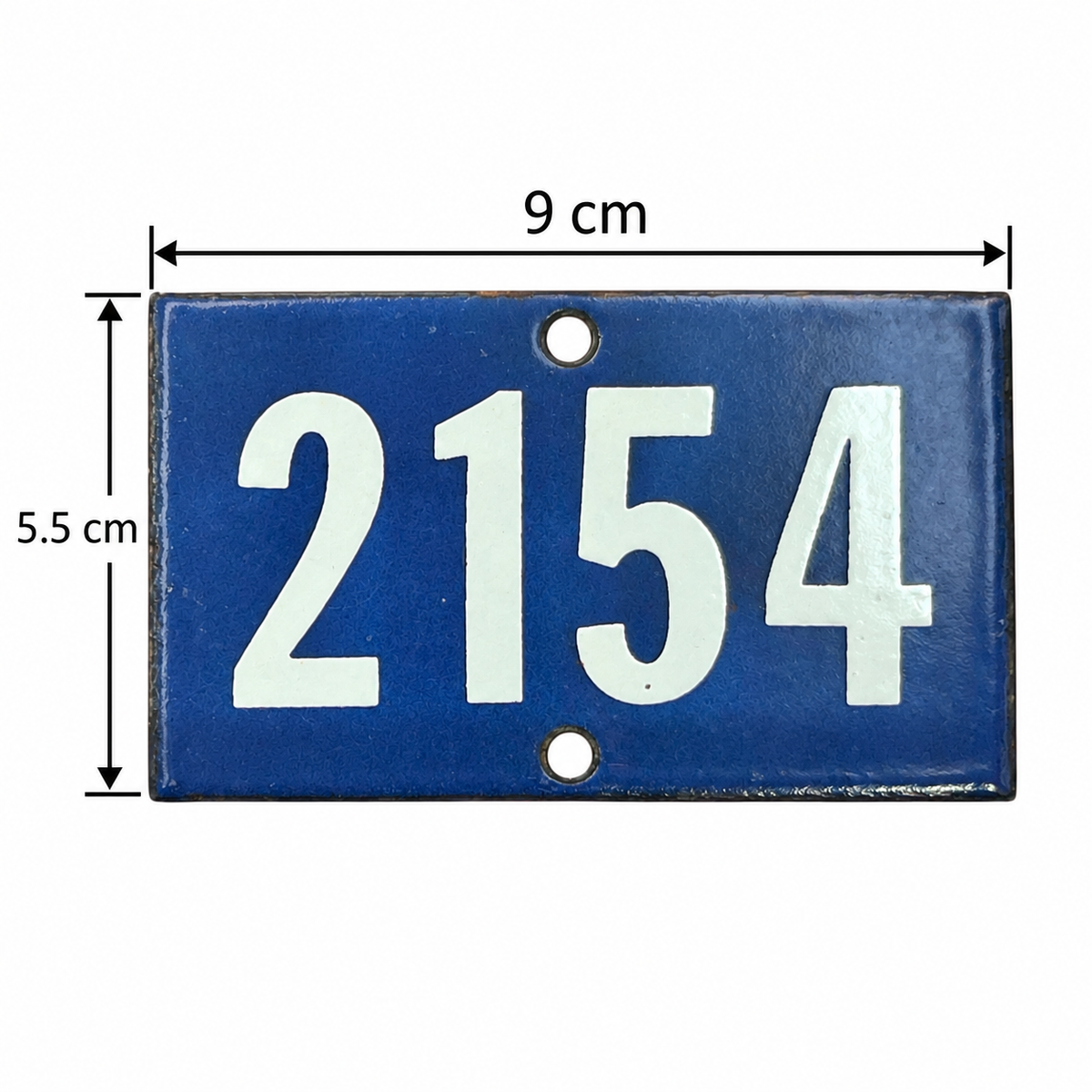 French blue and white door number 2154 on a white background with measurement details 