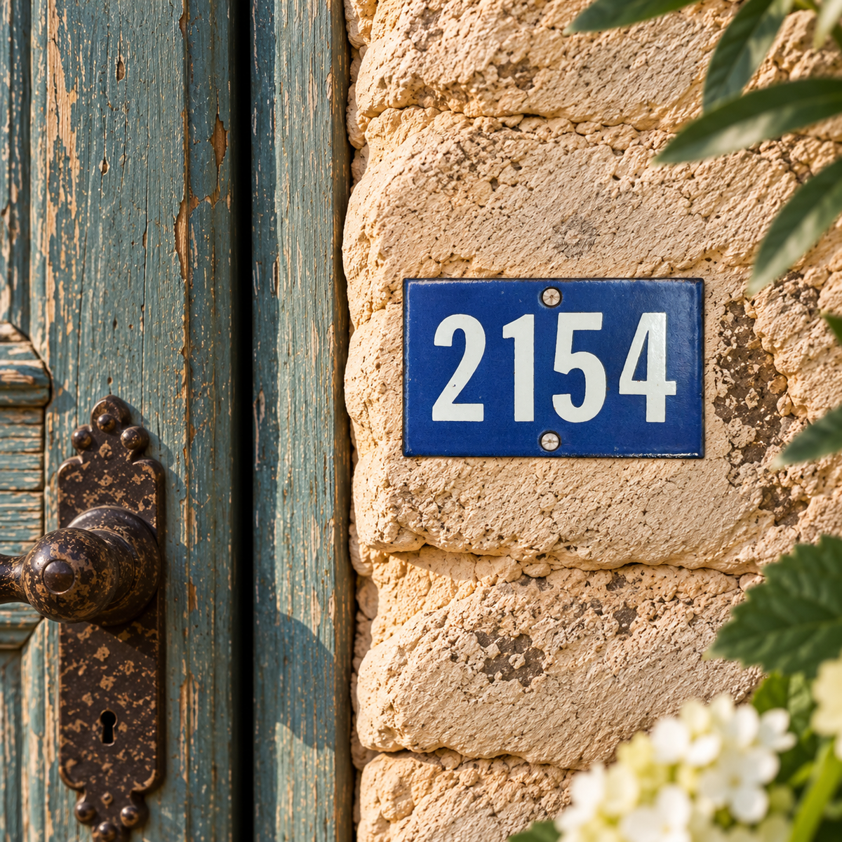 French blue and white door number 2154 on a stone wall beside a blue door 