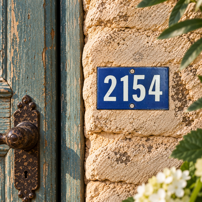 French blue and white door number 2154 on a stone wall beside a blue door 