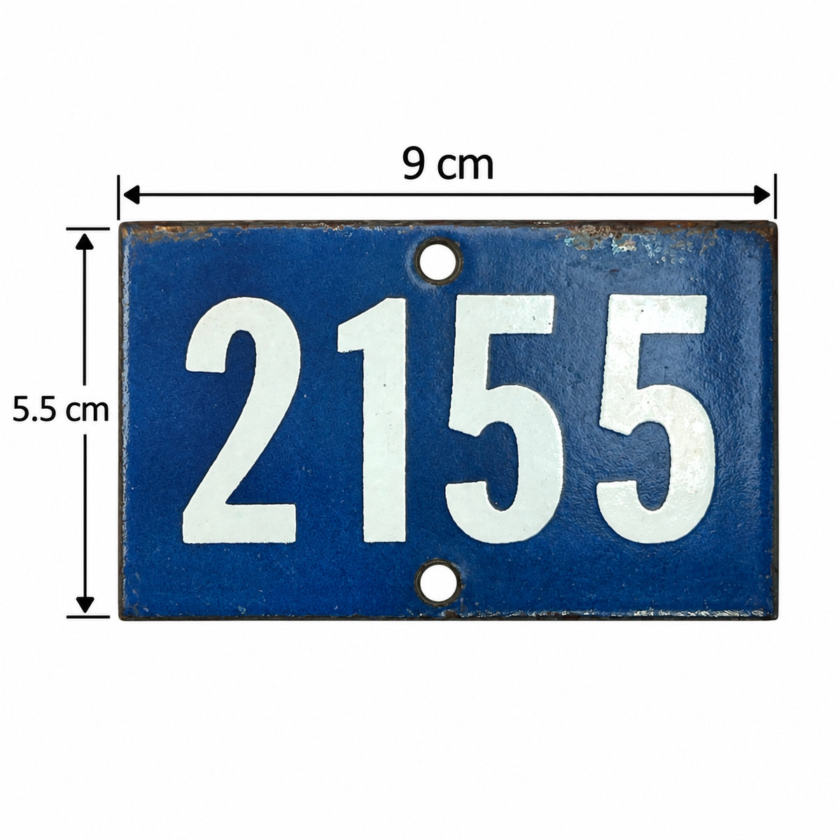 A rectangular blue metal house number plaque with the white numbers 2155, shown with dimension arrows and labels indicating 9 cm width and 5.5 cm height on a white background.