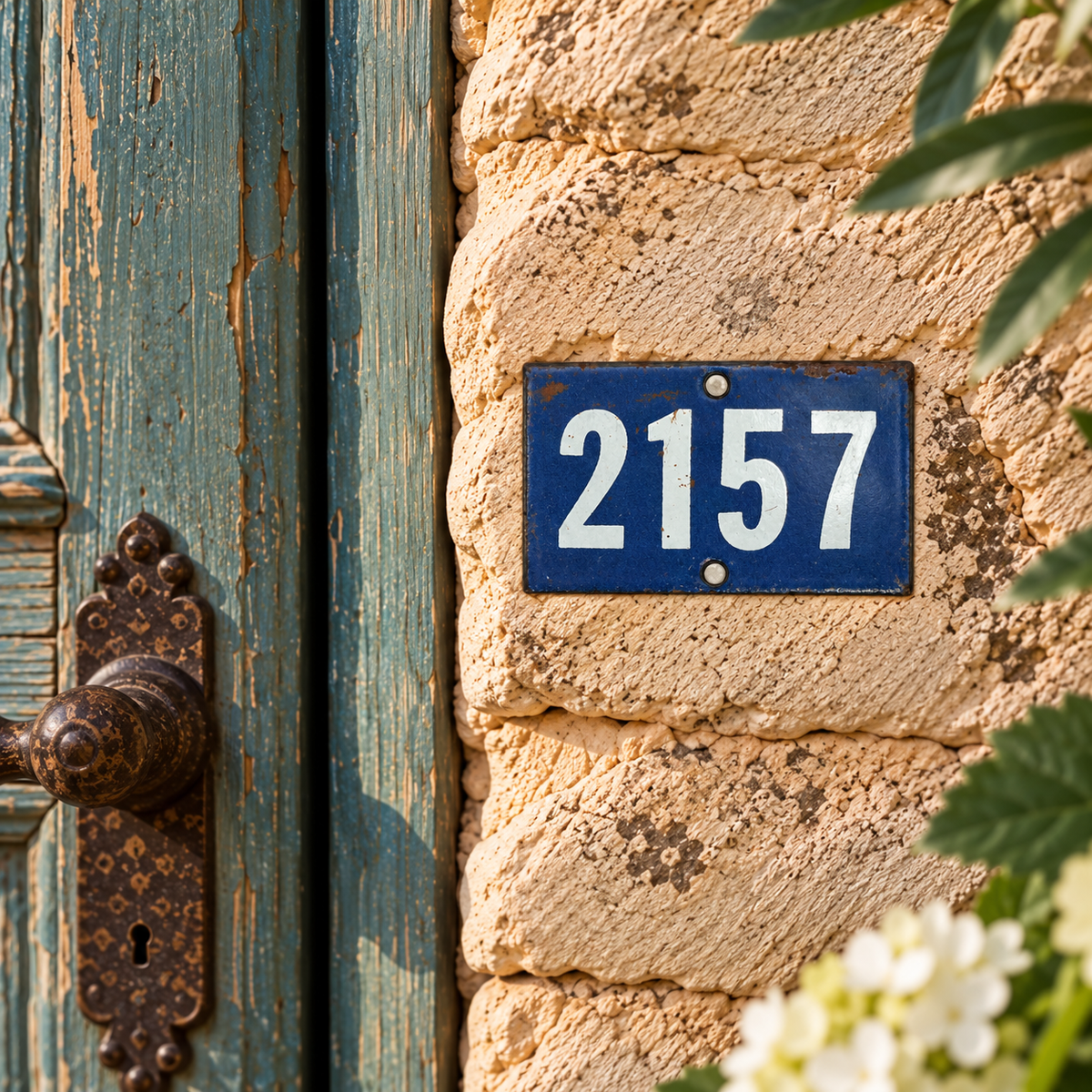 door number 2157 in blue enamel with white numbers on a wall beside a blue door with a rustic French vintage feel