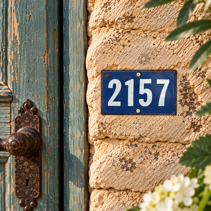door number 2157 in blue enamel with white numbers on a wall beside a blue door with a rustic French vintage feel