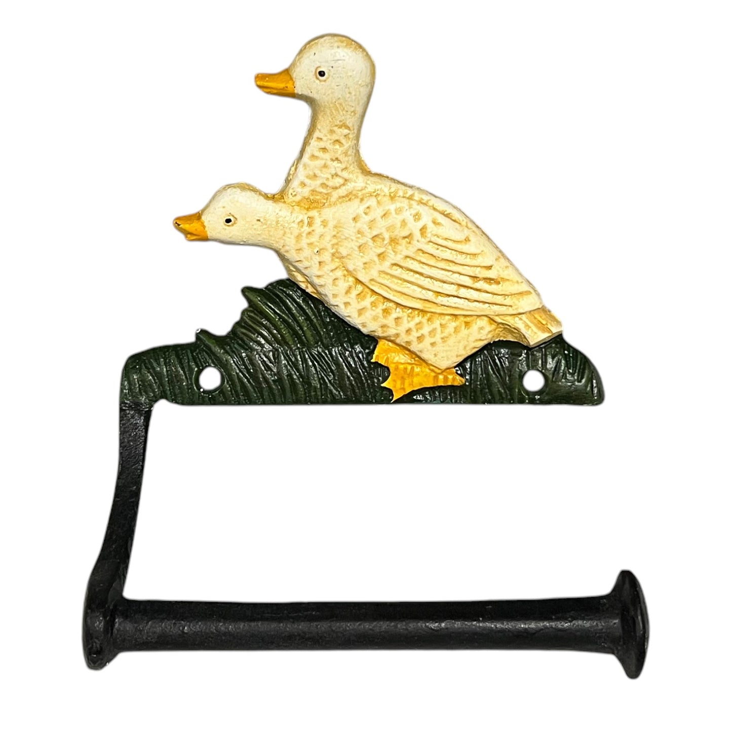 Decorative toilet paper holder with duck design on a white background