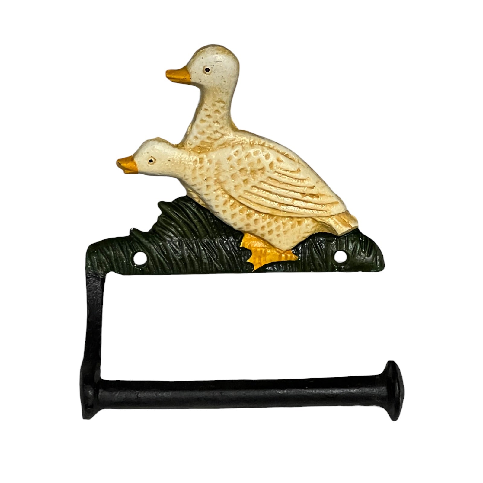 Decorative toilet paper holder with a duck design on a white background