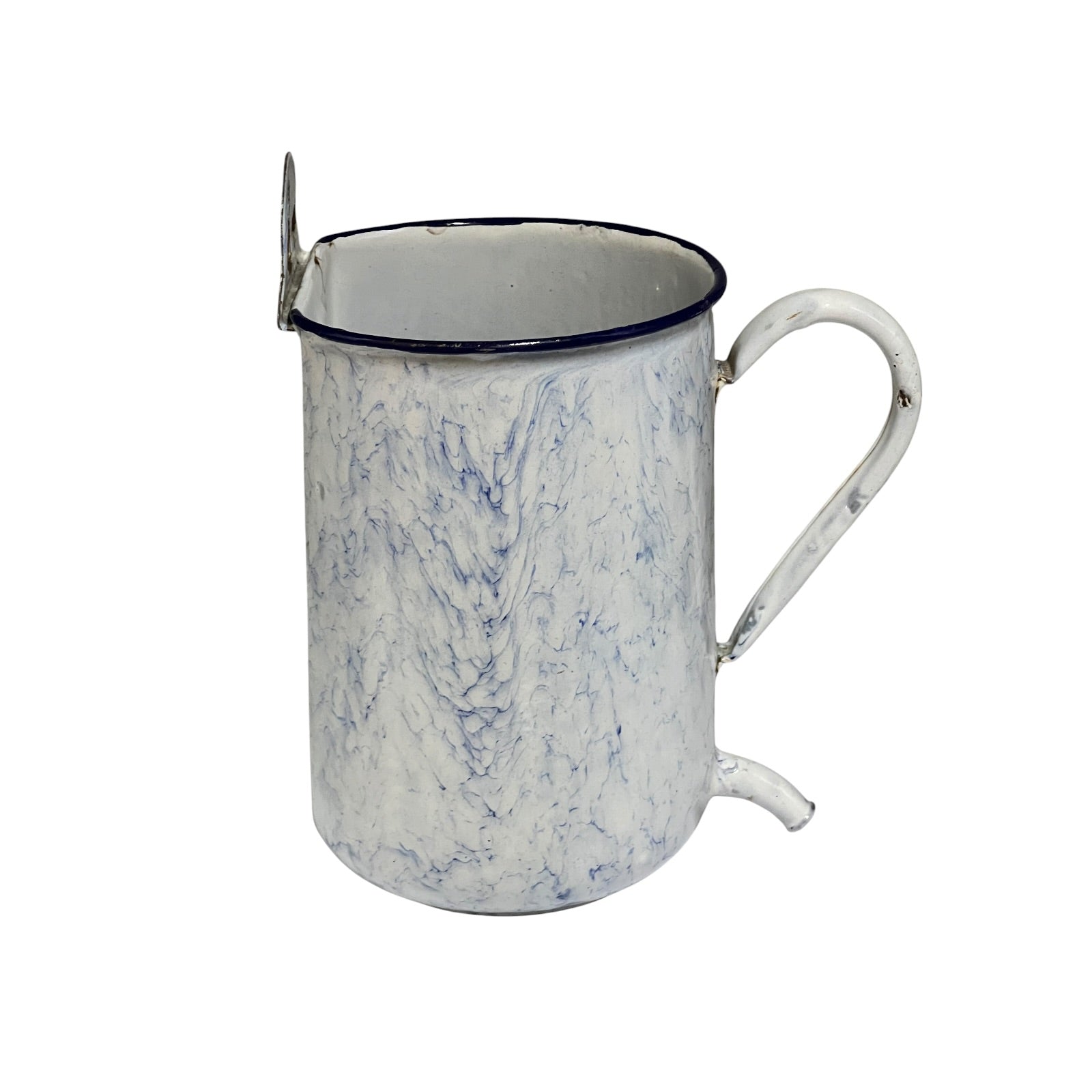 A vintage-style enamel mug with a white and blue marbled pattern, a dark blue rim, and a metal loop handle on a plain white background.