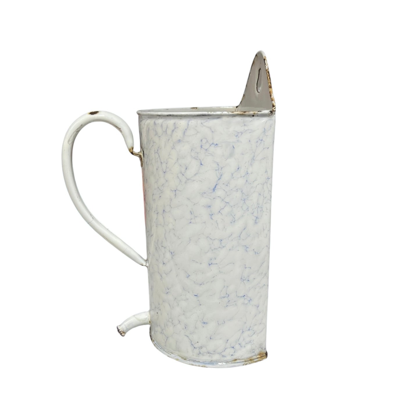 A vintage-style white enamel pitcher with a marbled blue pattern, a curved handle, and a small pouring spout, shown against a plain white background.