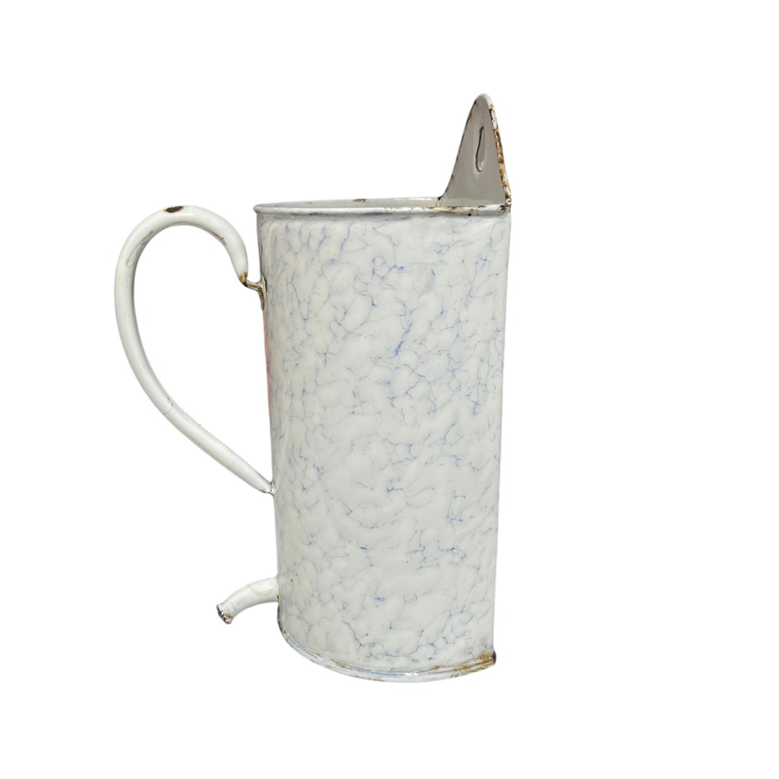 A vintage-style white enamel pitcher with a marbled blue pattern, a curved handle, and a small pouring spout, shown against a plain white background.