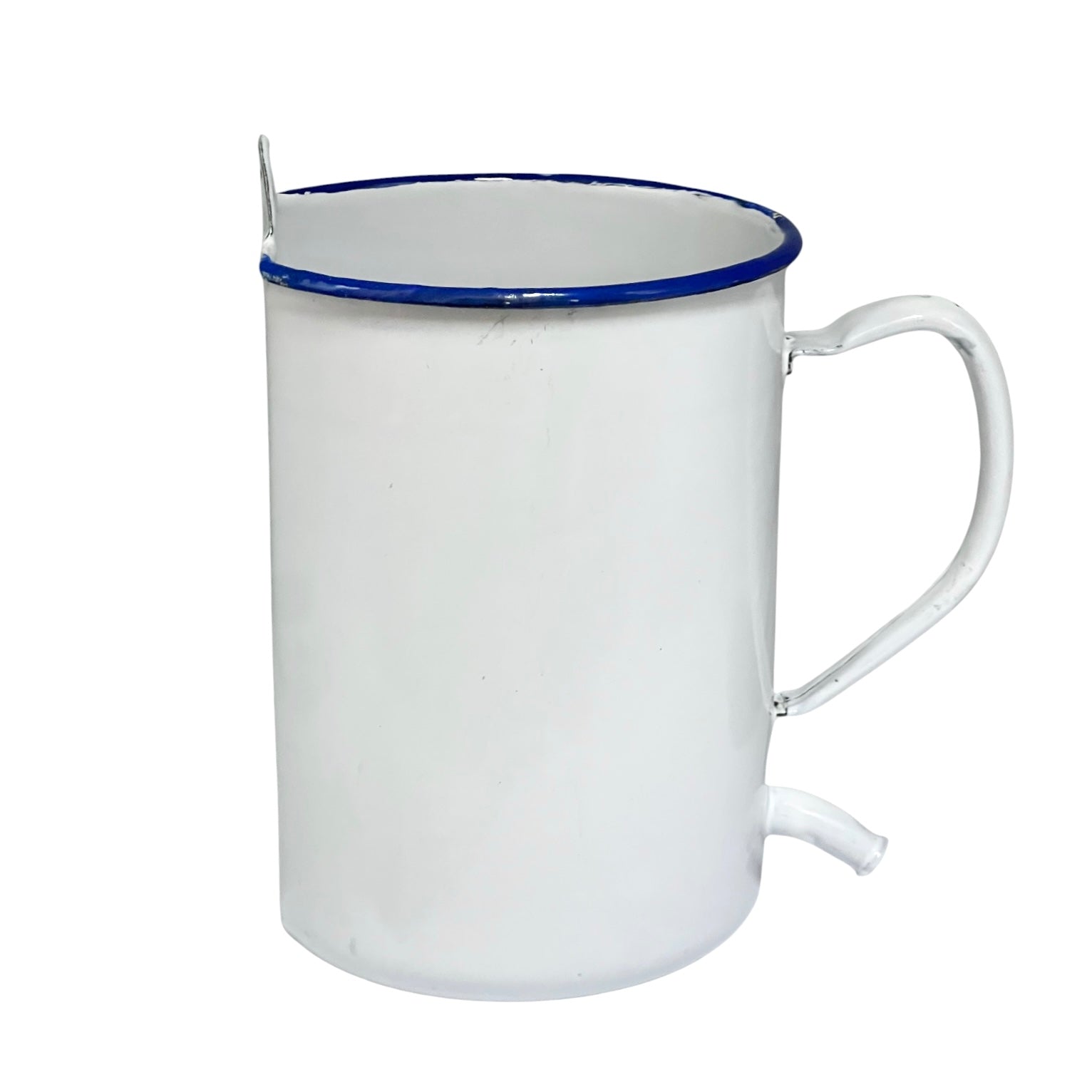 A white enamel pot with a blue rim, a built-in metal spoon on the left side, and a curved metal spout on the bottom right, shown against a plain white background.