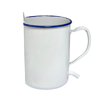 A white enamel pot with a blue rim, a built-in metal spoon on the left side, and a curved metal spout on the bottom right, shown against a plain white background.