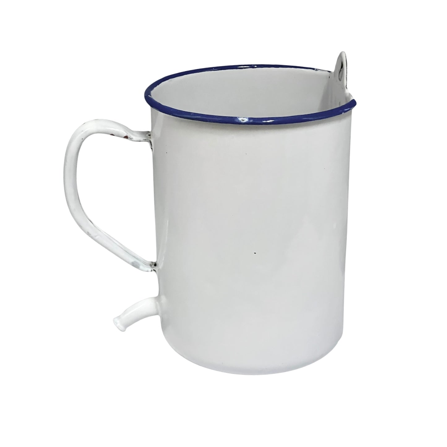 A white enamel pot with a blue rim, featuring a built-in handle and a small spout, shown against a plain white background.