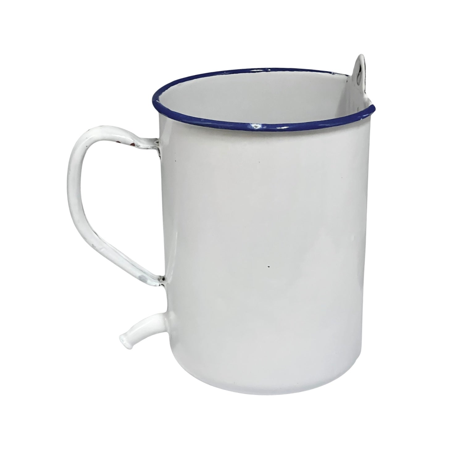 A white enamel pot with a blue rim, featuring a built-in handle and a small spout, shown against a plain white background.