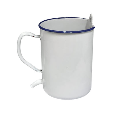 A white enamel pot with a blue rim, featuring a built-in handle and a small spout, shown against a plain white background.