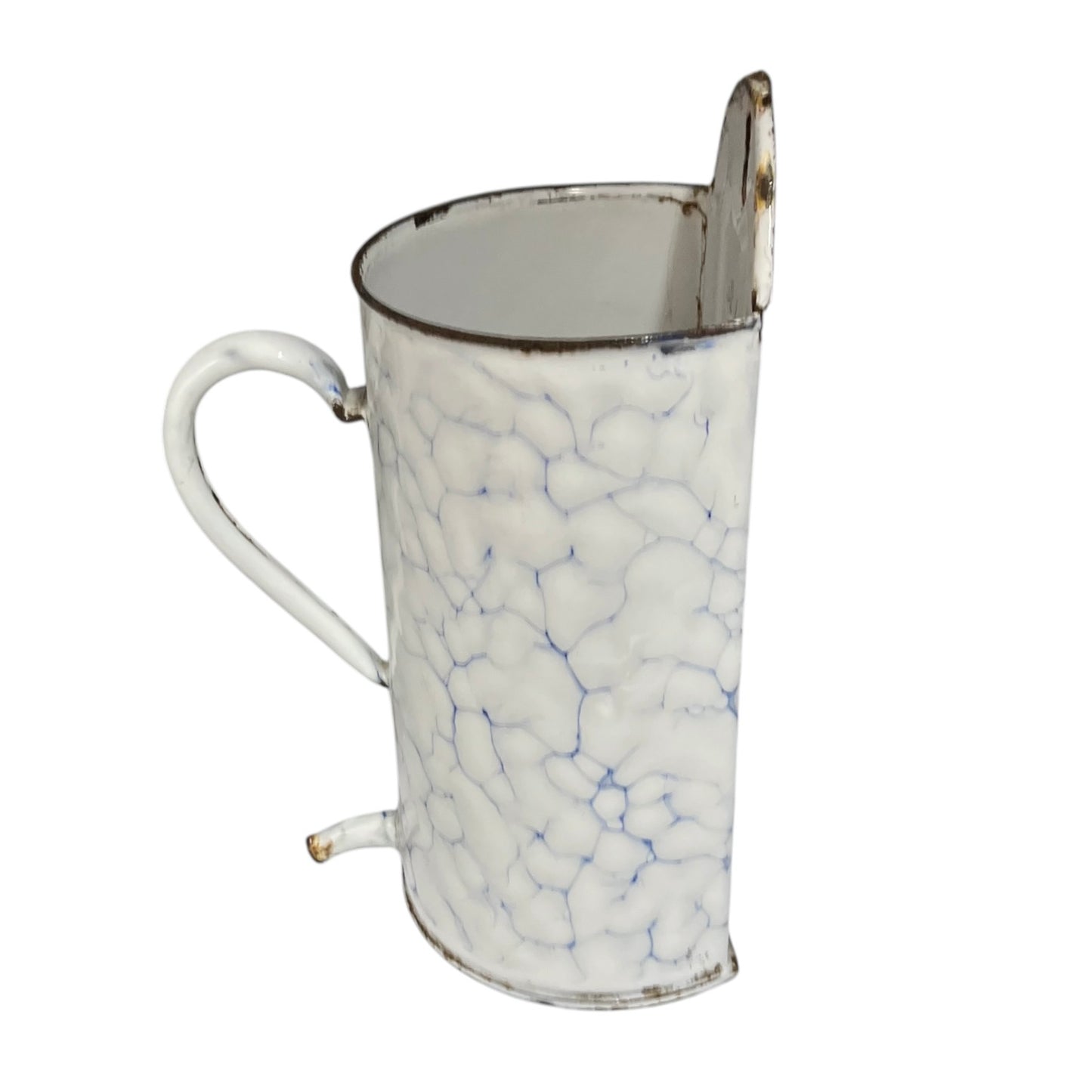 A vintage-style white enamel wall mounted planter on a white background - side view