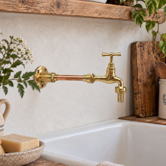 A brass wall-mounted faucet with a cross handle and a copper-toned side spout, installed above a white farmhouse sink in a rustic kitchen setting with wooden shelves, plants, and ceramic canisters.