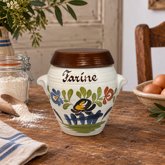 A vintage French farine jar sits on a wooden table in a cosy rustic kitchen setting.