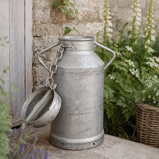 Vintage-style metal milk churn with a chain on a rustic wooden surface with plants in the background
