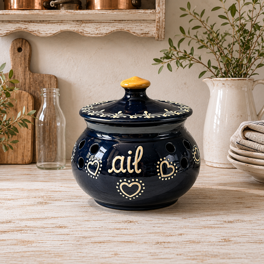 Navy ceramic pot with 'ail' and heart designs on a wooden surface in a rustic kitchen