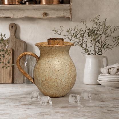 Vintage-style ceramic pitcher on a wooden surface with ice cubes and rustic kitchen items in the background.