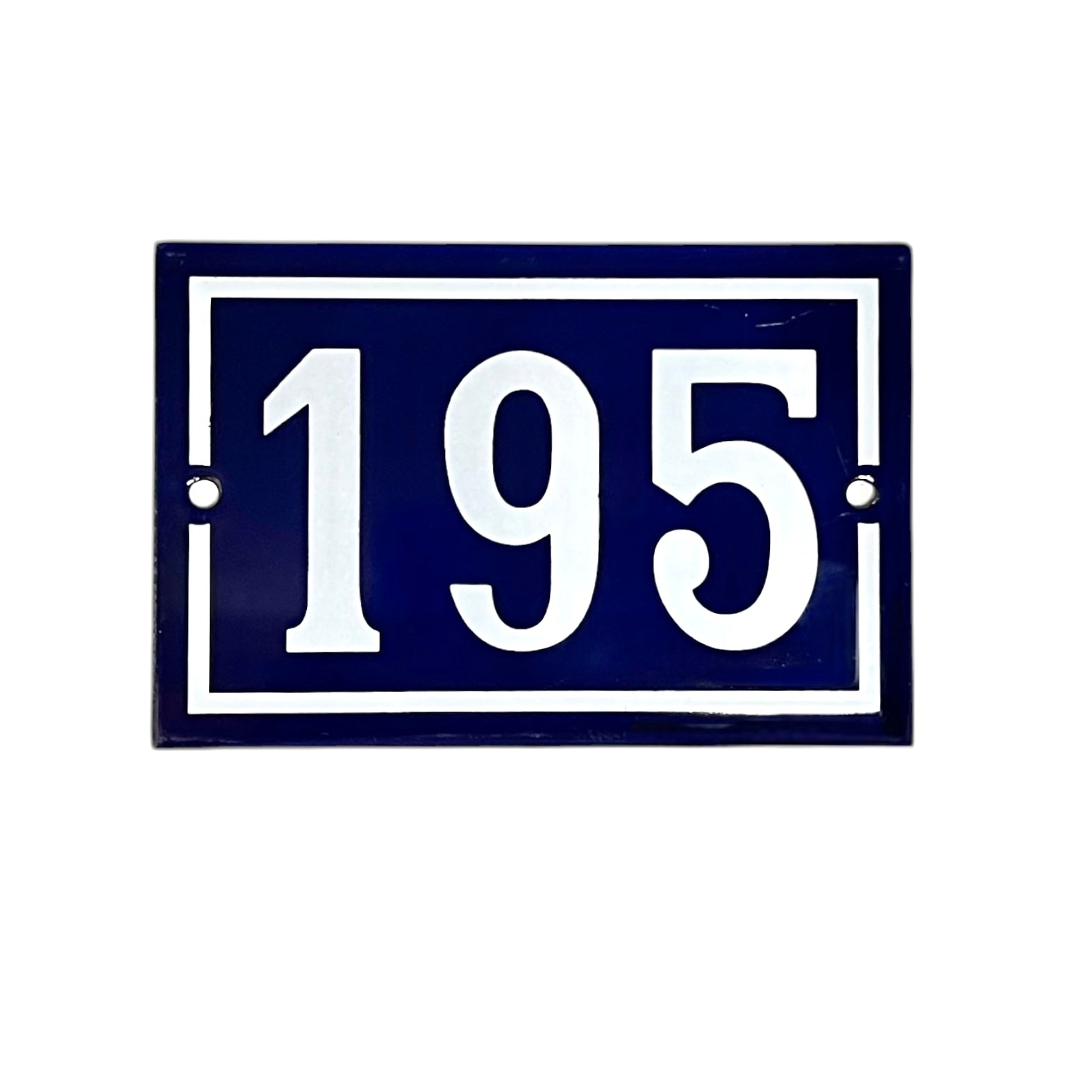 Navy blue rectangular enamel plate with white numbers '195' on a white background