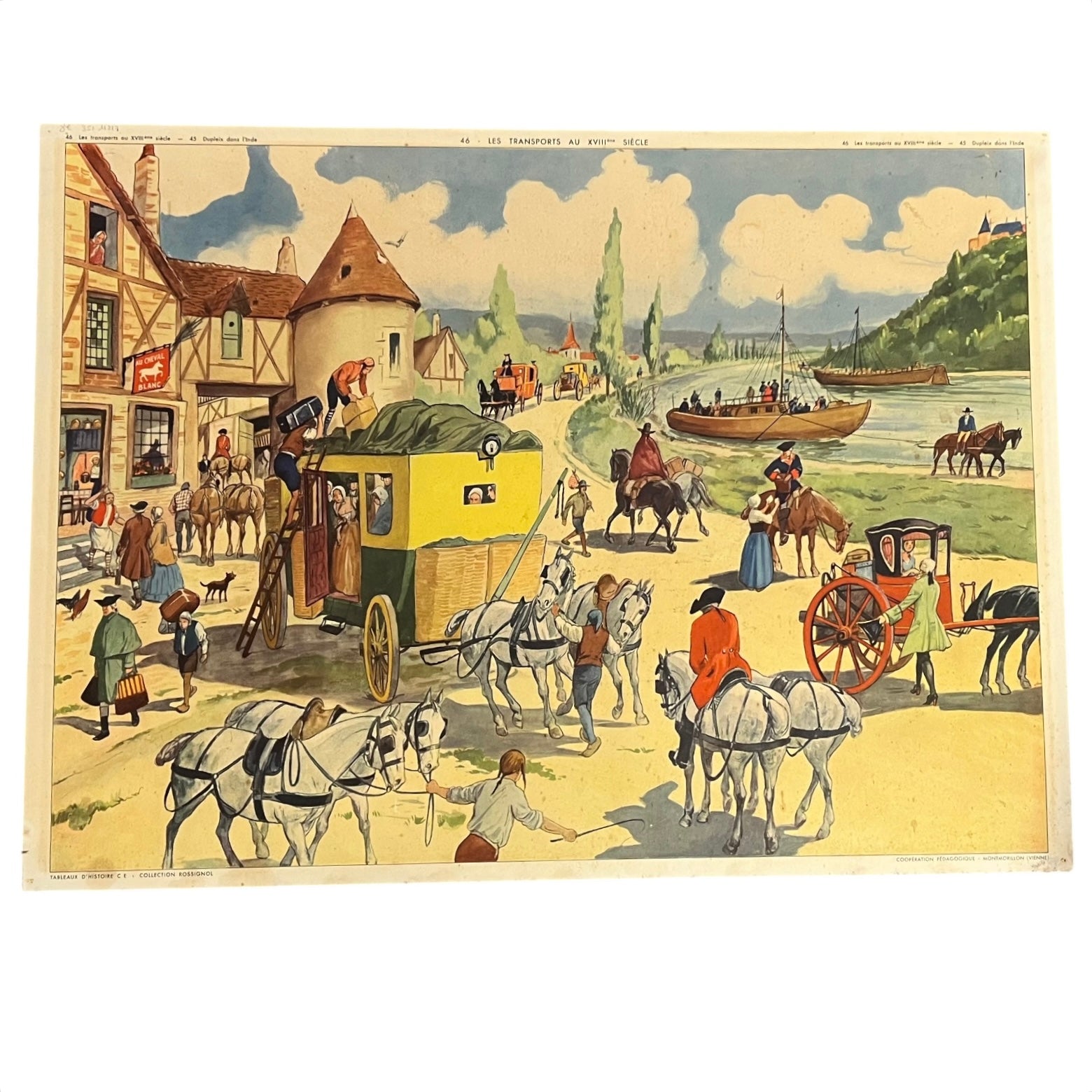 Vintage-style illustration of a bustling town scene with people, horses, and carriages.