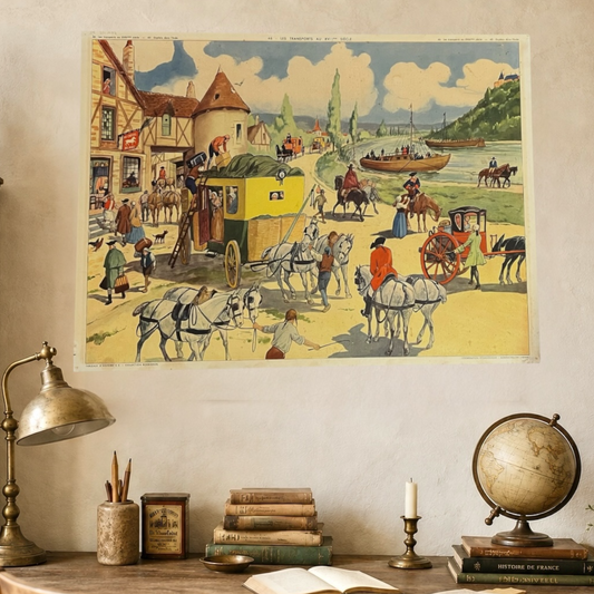 Vintage-style French school double sided  illustration of a bustling town scene with people, horses, and carriages on a wall above a desk.