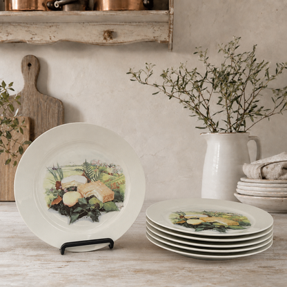 Set of French vintage cheese plates with a pattern detailing a selection of cheeses, one plate is on a display stand and the remaining 5 plates are stacked by the side. These are displayed on a countertop in a pale rustic kitchen background. Ideal for a cheese and wine evening or a farmhouse kitchen