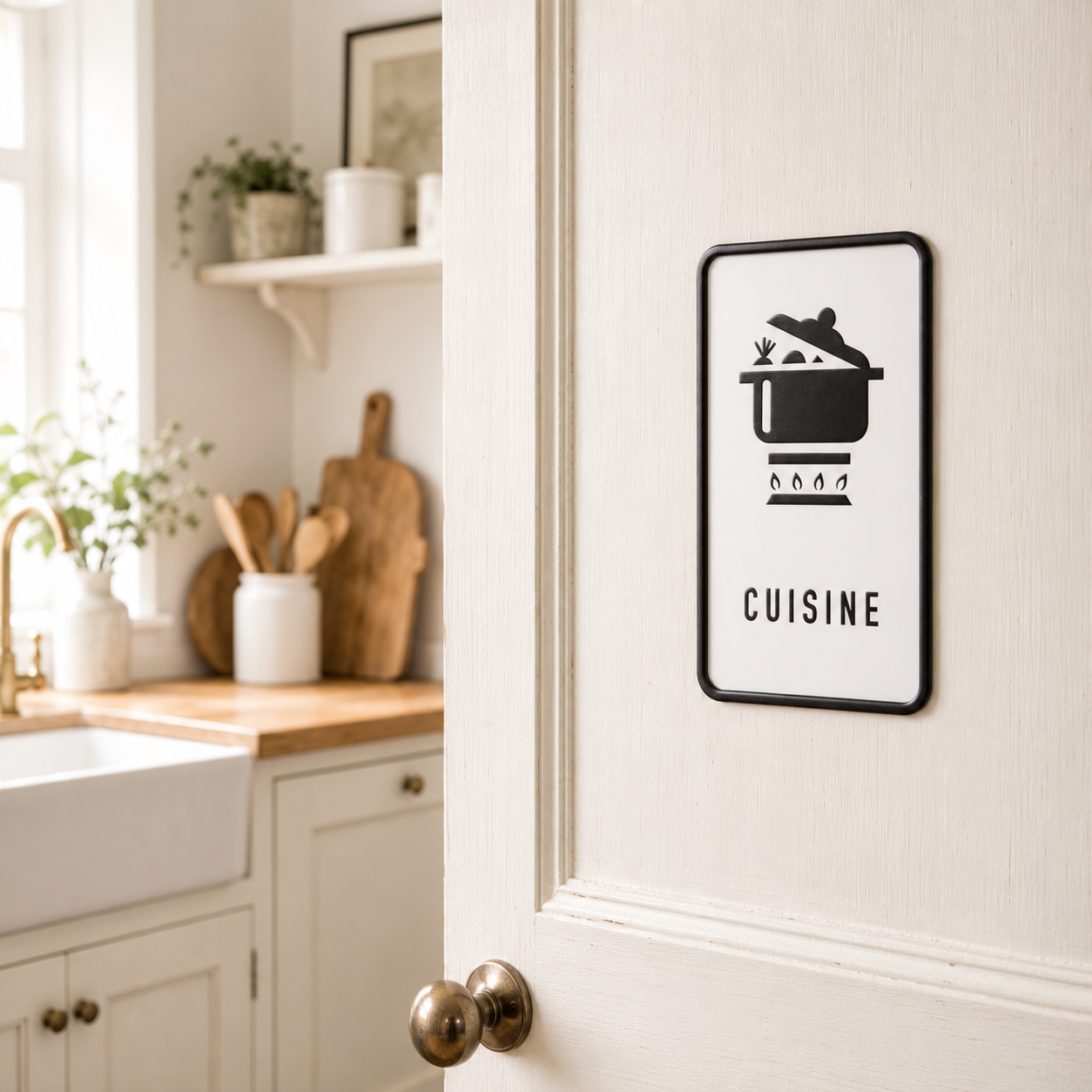 Kitchen interior with a 'Cuisine' sign on a white door.