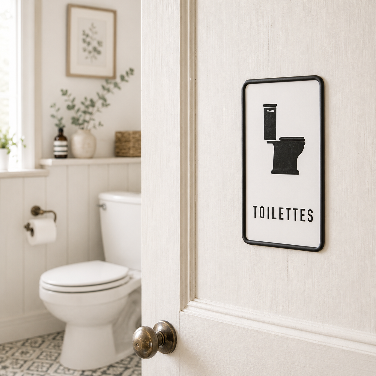Bathroom with a toilet and a sign reading 'TOILETTES' on a white wall.