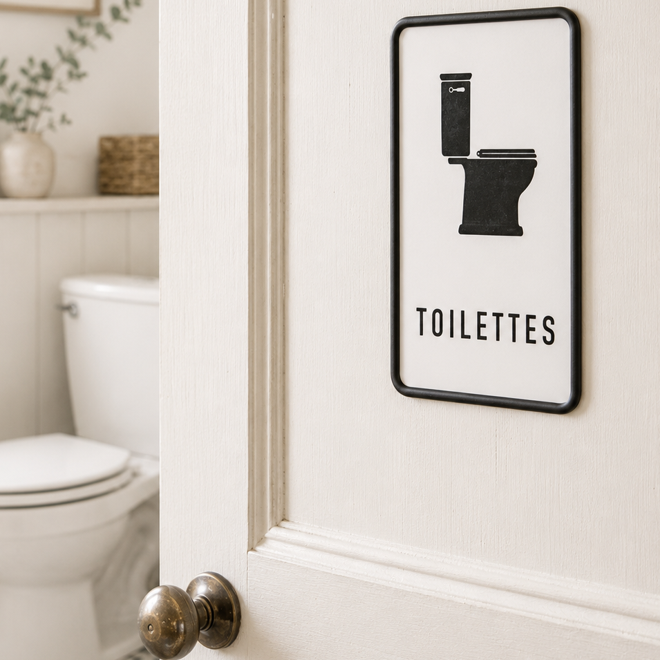 Toilet sign on a bathroom door with a toilet in the background