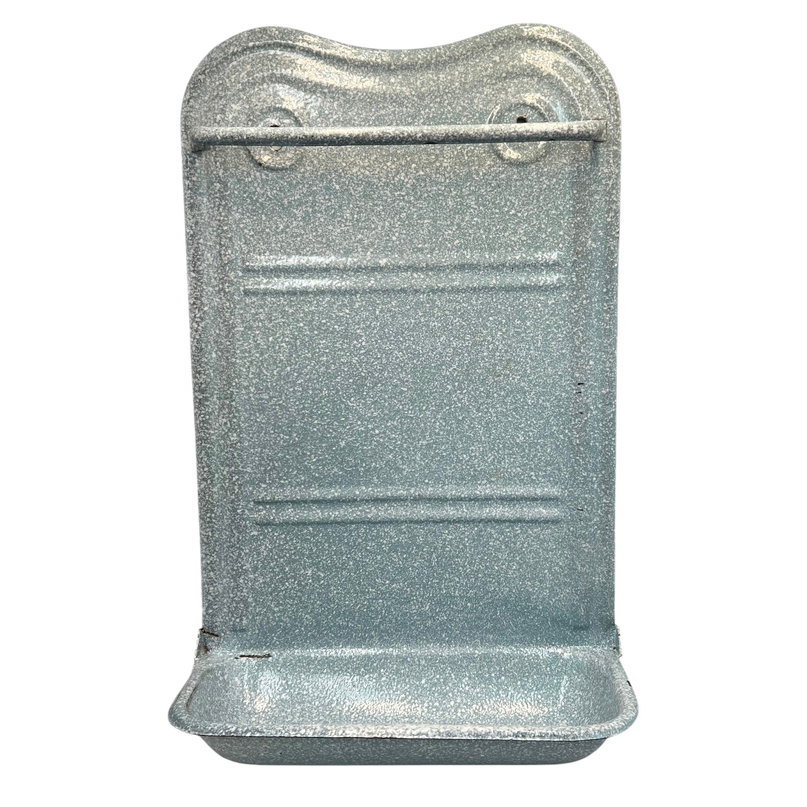 French vintage blue-grey speckled enamel wall-mounted utensil rack, featuring a hanging rail and drip tray, perfect for adding charm to a shabby chic kitchen shown on a white background