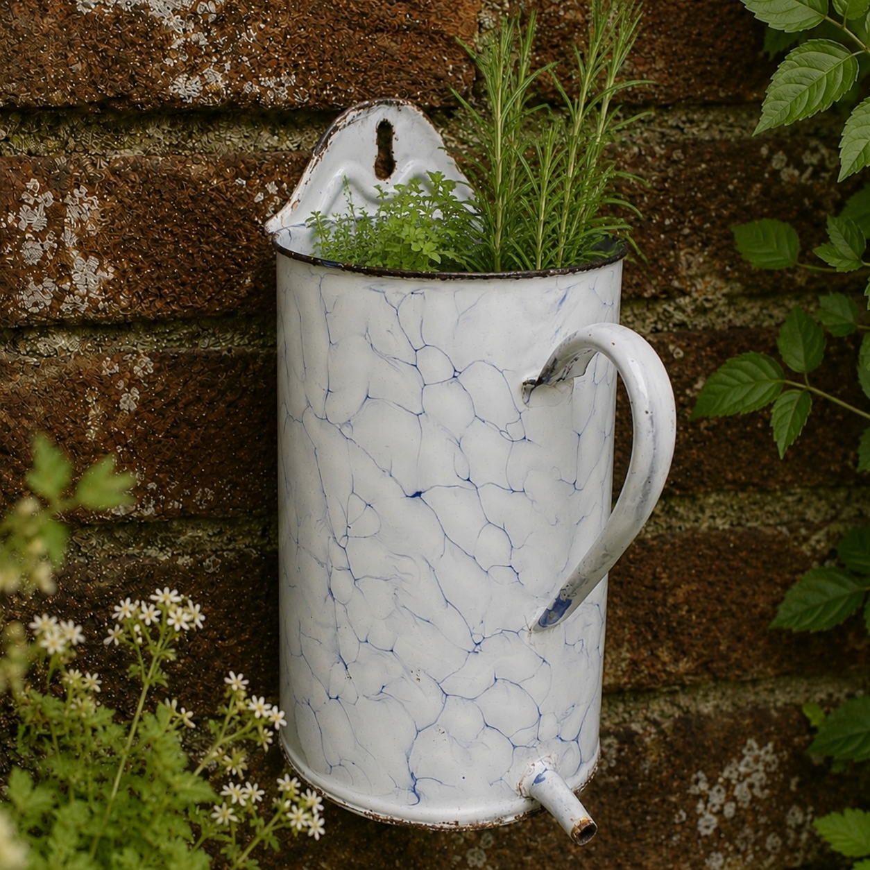 A vintage-style white enamel wall mounted planter with blue crackle lines, mounted on a rustic brick wall and filled with green plants.