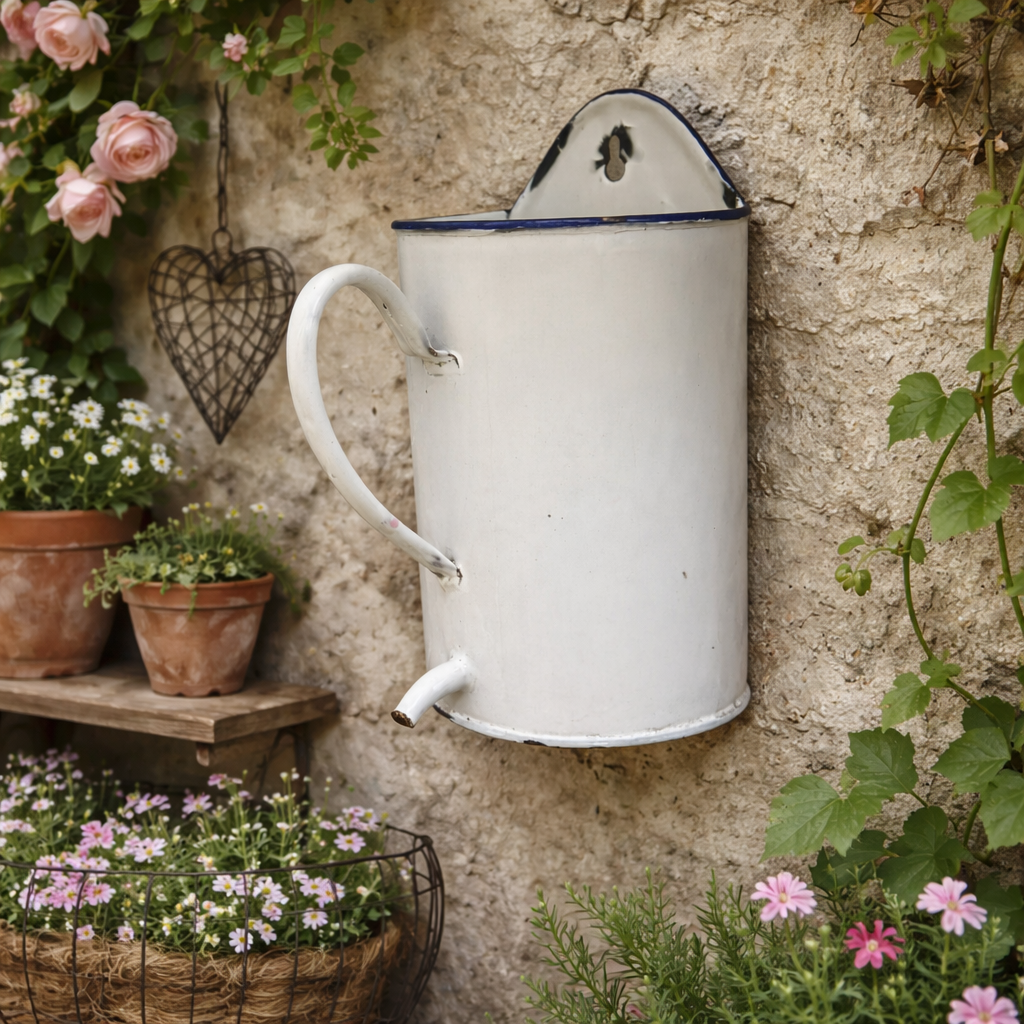 White enamel jug with blue rim attached to a stone wall, surrounded by flowers and plants.